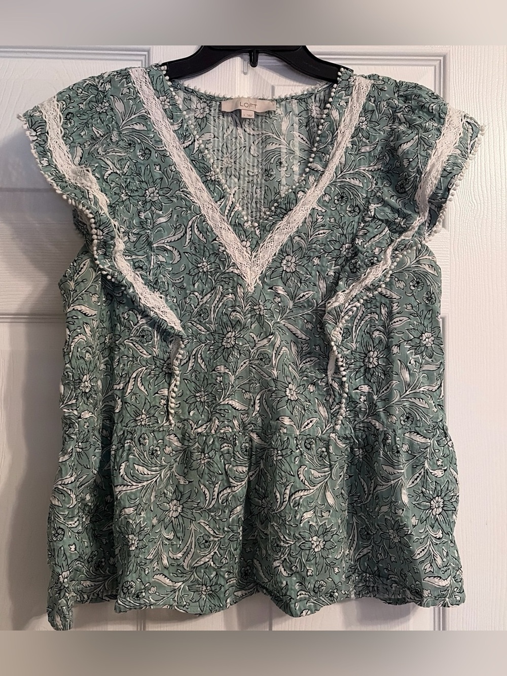 LOFT Sage Green Floral V-Neck Lace Trim Blouse